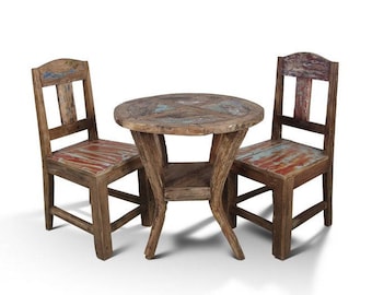 Handcrafted Reclaimed Boat Wood Bistro Table (65cm) and 2 Chairs
