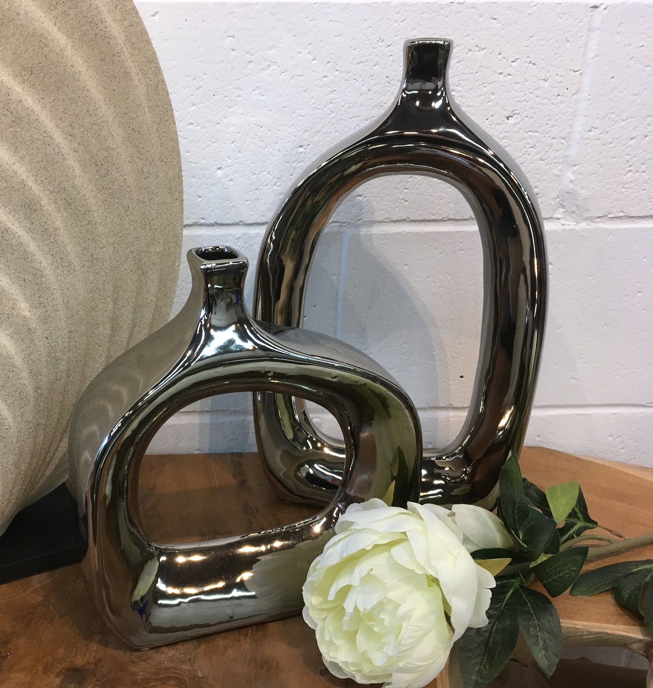 Set of 2 Chrome Ceramic Tall Vase Chrome Wide Vase Chrome Etsy 日本