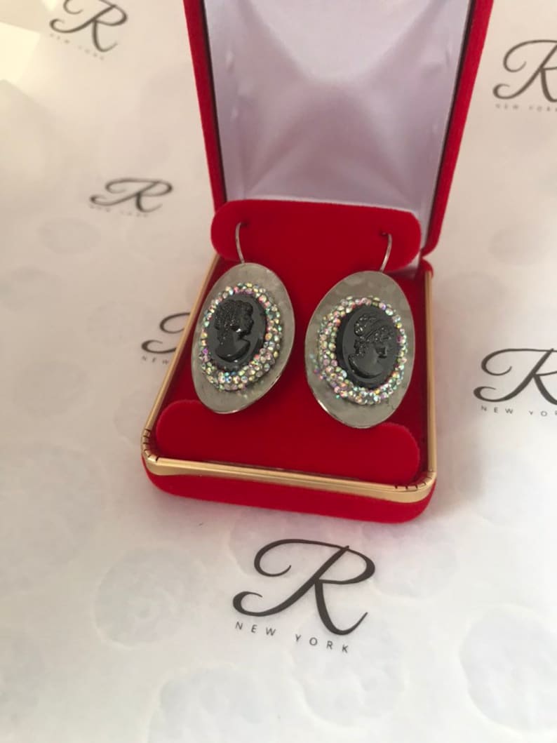 0156 0157 Hematite Cameo Ring and Earrings set