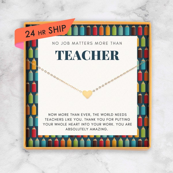 Gold Heart Teacher Appreciation Gift - Thank you gift necklace - Elementary School, Daycare, Preschool, Pre-K, College, End of the Year