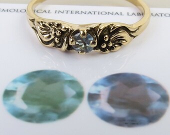 Certified natural Chrysoberyl Alexandrite change color gemstone set in vintage 14k gold ring size 6