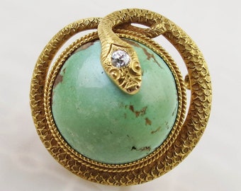 Antique estate 14k yellow gold coiled diamond head snake around round turquoise cabochon pendant brooch watch pin