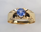 Antique 10k yellow gold belcher mounted natural lavender blue .87 carat sapphire ring by Heintz Bros size 11