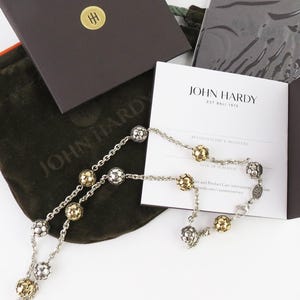 John Hardy 18k yellow gold sterling silver 15 3/8 inch dot ball station necklace w/ original pouch