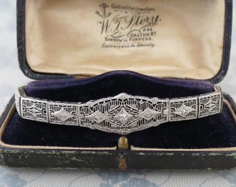 Art deco 14k white gold diamond filigree ESEMCO bracelet with original box 14.9 grams