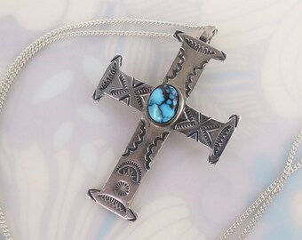 Native American signed Joe Delgarito sterling spiderweb turquoise old world cross pendant