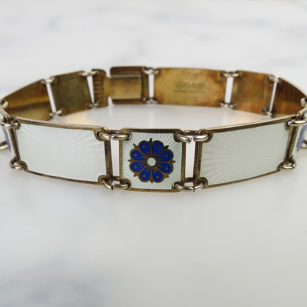 Royal blue rondels white guilloche enamel gold vermeil panel link vintage sterling bracelet by David Andersen