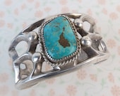 Nearly 100 gram vintage sandcast Navajo natural turquoise sterling silver cuff bracelet