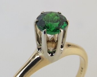 Bright deep green natural  tsavorite garnet  (certified) 14k yellow white gold dated 1918 vintage solitaire ring size 7.75