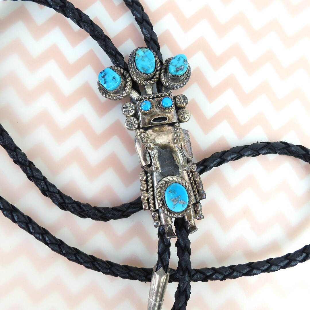 Vintage Native American Sterling Silver Turquoise Kachina Bolo Tie With ...