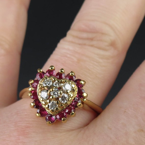 Natural red ruby halo heart diamond cluster cente… - image 10