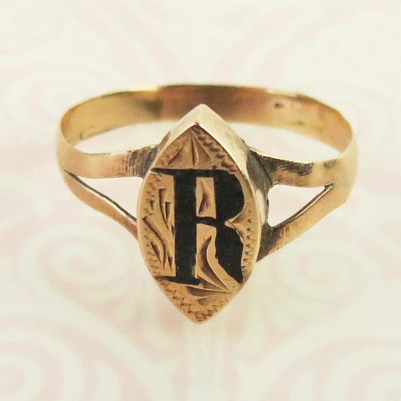 Signet Ring Letter R Antique Victorian signet letter R monogram 10k yellow… - Gem