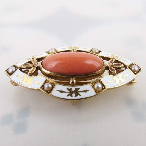 Vintage 14k yellow gold white enamel salmon coral… - image 3