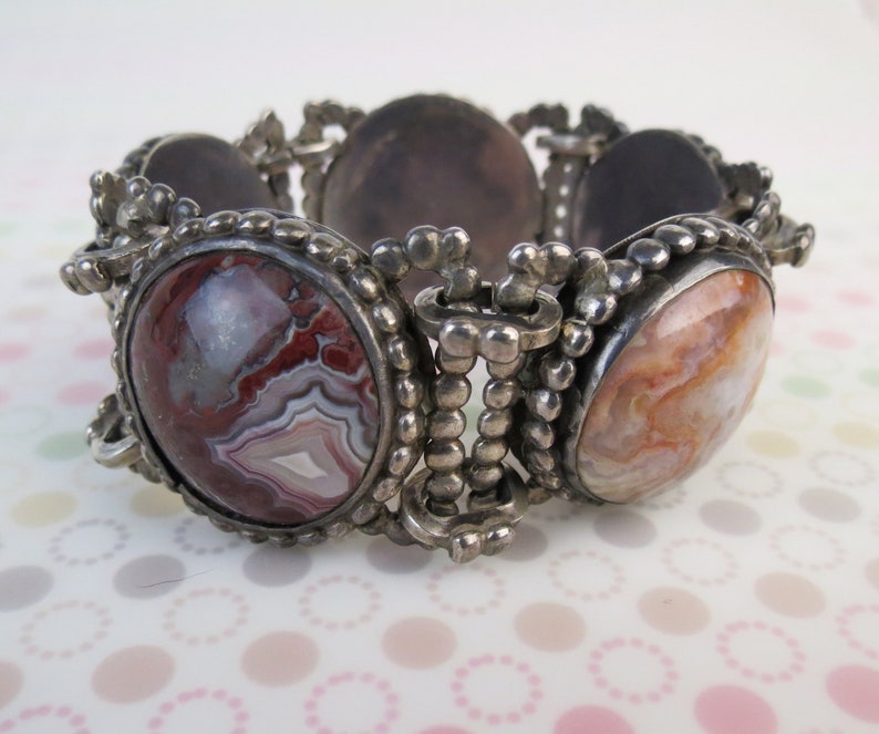 Super colorful Amethyst Plume Lace agate jasper VTG heavy sterling silver bracelet