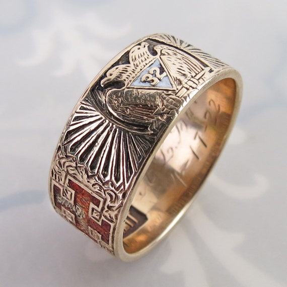 Antique 14k Gold Masonic Ring: Scottish Rite Doub… - image 6