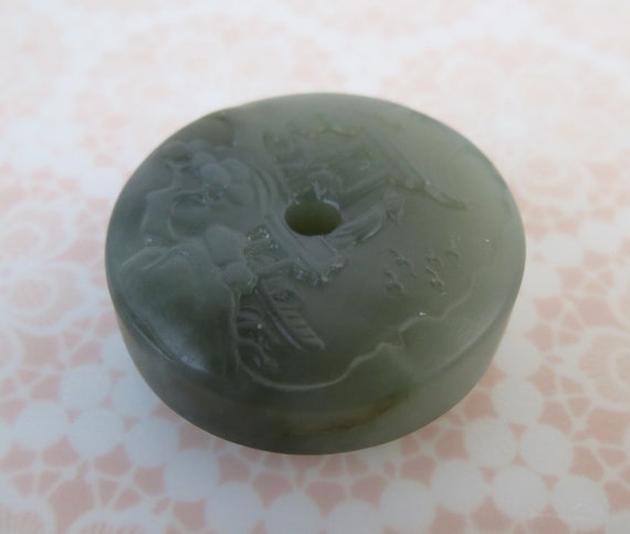 Dark sea green carved two sided garden scene Chin… - image 3