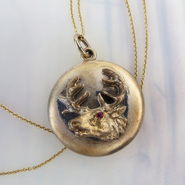 Estate Elk profile red eye round vintage gold filled locket with Italian gold over sterling silver chain necklace