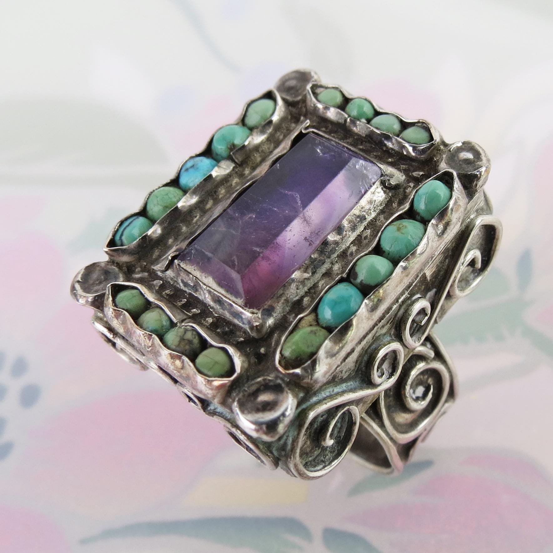 Vintage Matl Taxco Sterling Silver Amethyst Turquoise Ring - Size