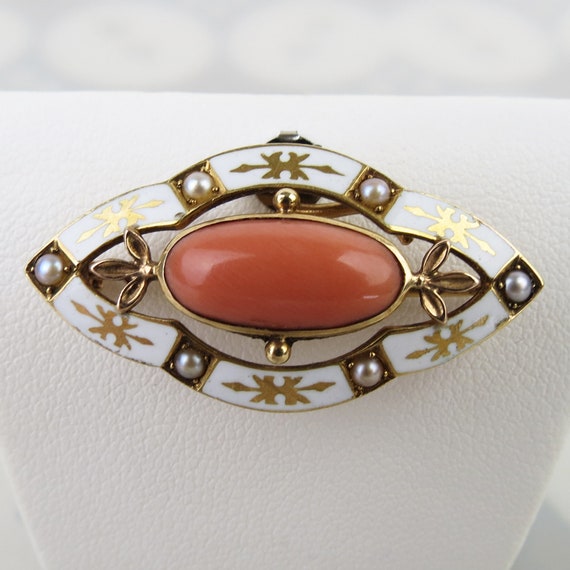 Vintage 14k yellow gold white enamel salmon coral… - image 6