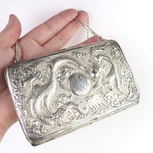Vintage Chinese Sterling Silver 900 + Dragon and Pearl Clutch