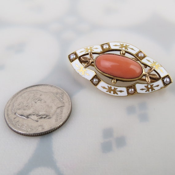 Vintage 14k yellow gold white enamel salmon coral… - image 9