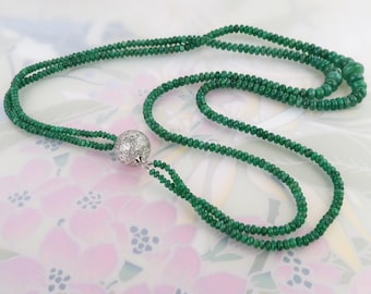 Vintage double strand graduated emerald bead necklace with 14k white gold diamond fancy latch