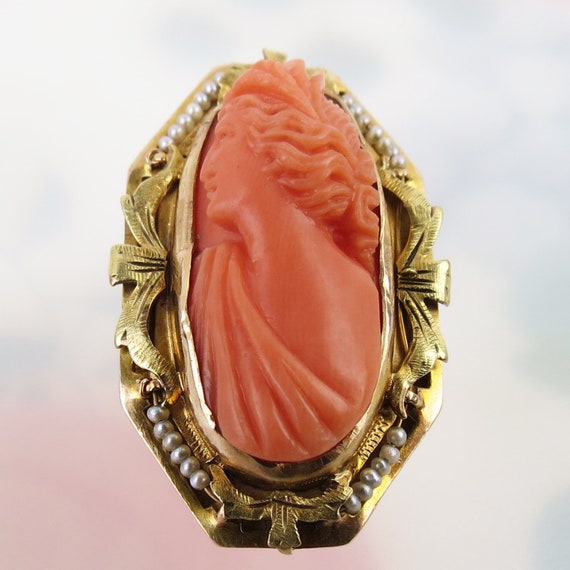 Ornate estate antique carved coral cameo ring wit… - image 3