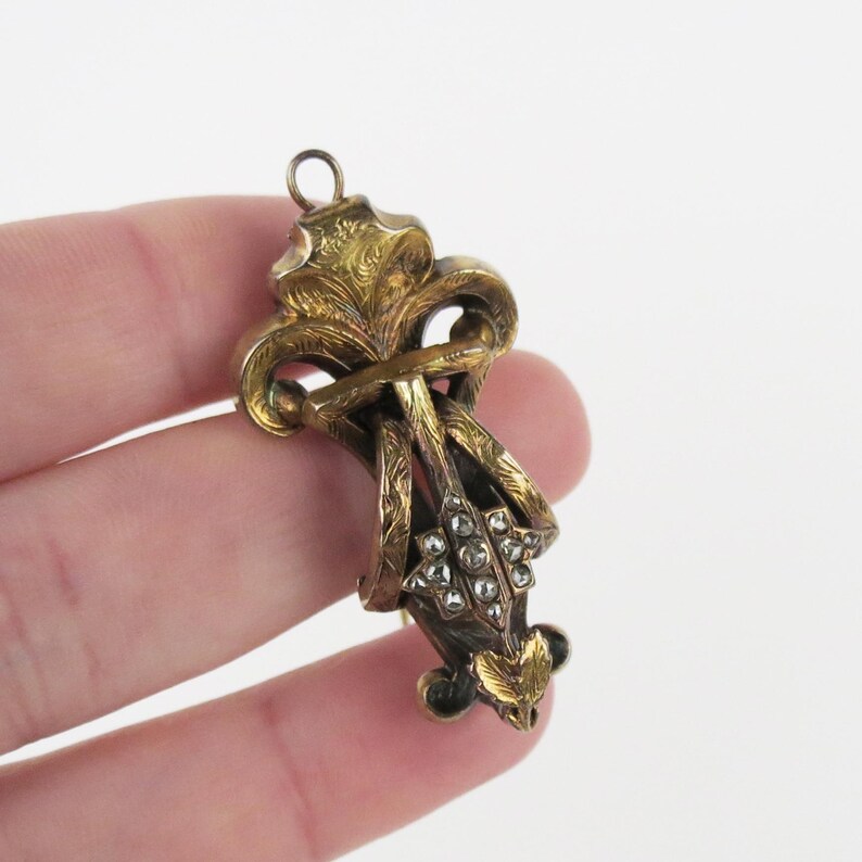 Antique 14k to 18k gold early Victorian pendant brooch with rose cut diamonds Reg 1845 Dixons London image 11