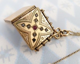 Antique square Victorian estate paste gems with red center gold filled locket pendant and 14k GF chain necklace