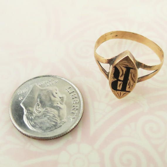 Signet Ring Letter R Antique Victorian signet letter R monogram 10k yellow… - Gem