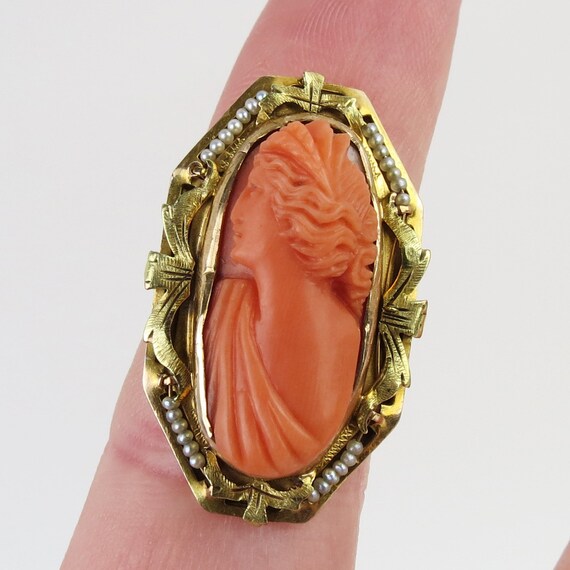Ornate estate antique carved coral cameo ring wit… - image 10