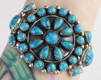 Vintage Turquoise Cluster Sterling Silver Cuff Bracelet: Running Bear Trading Post