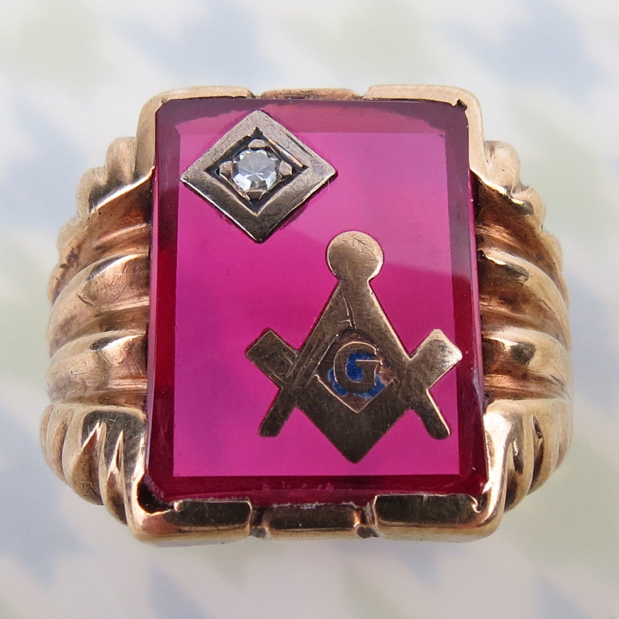 Men's 10k Yellow Gold Freemason Ring - Square & Compass Blue Stone Masonic Ring, Size 7.5 - View #6