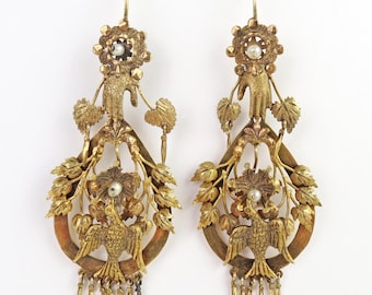 Antique Victorian 14k gold long dangle earrings with swallow birds cultured pearls and hands