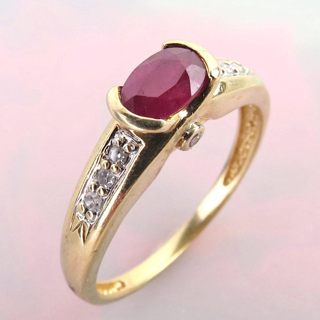 Natural Red Ruby With Diamonds 14k Yellow Gold Vintage Ring Signed AAJ ...