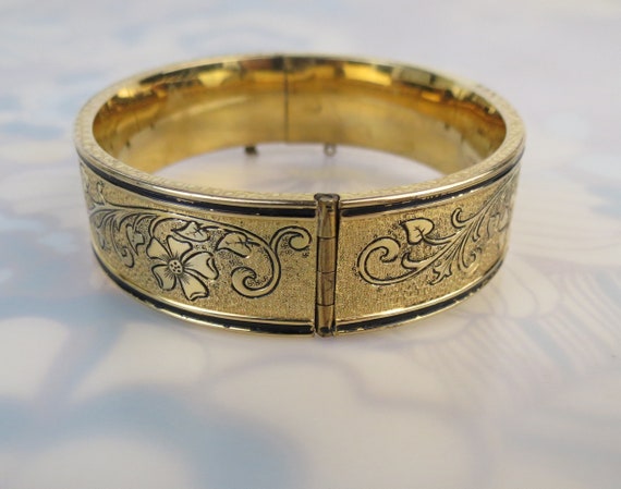 Antique Victorian Gold Filled chased enamel bangl… - image 4