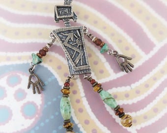 Delightful articulated dangle pin Robert Shields petroglyph kachina sterling silver turquoise beads