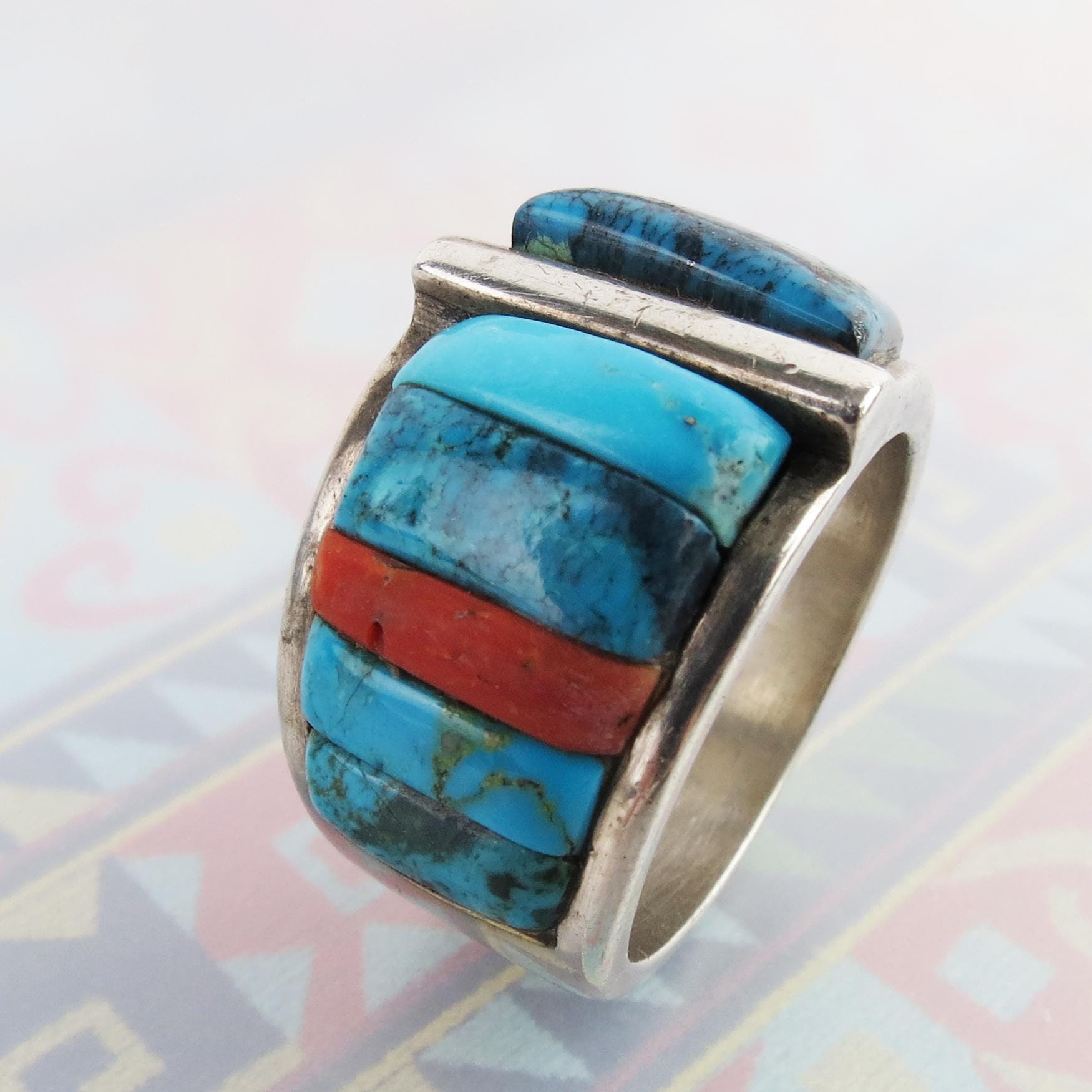 Vintage Native American Turquoise & Coral Sterling Silver Ring