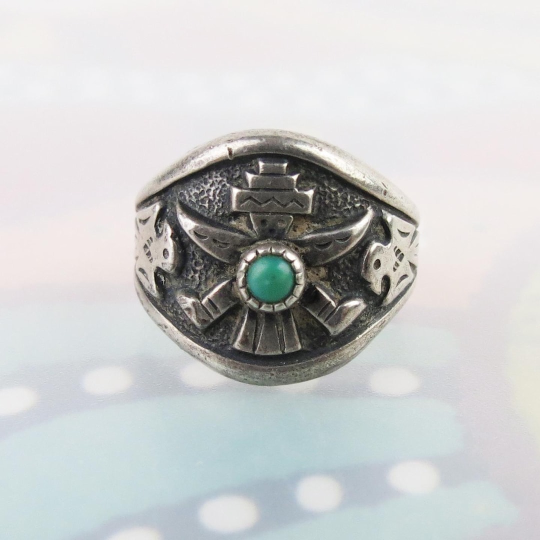 Vtg Sterling Silver 925 Navajo Bell Trading Post Oval  VTG Sterling Silver NAVAJO BELL
TRADING POST Turquoise Pebbled Ring
Size 9.75 main image 1