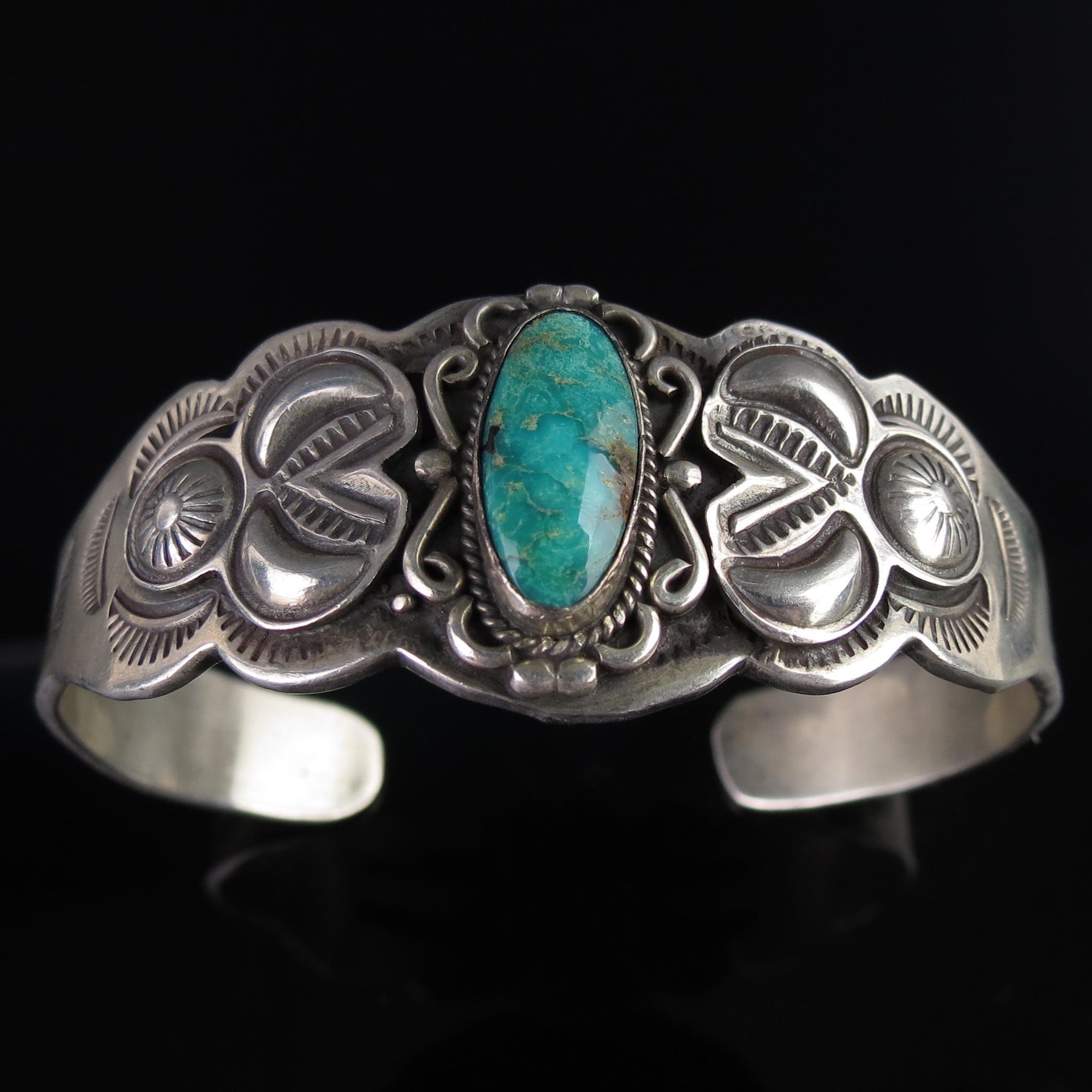 Astronomical Vintage Native American Navajo Turquoise Inlay Sterling Silver Bracelet Astronomical Vintage Native American Navajo Turquoise Inlay Sterling Silver Bracelet