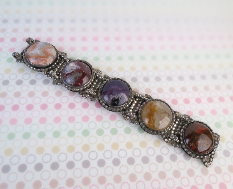 Super colorful Amethyst Plume Lace agate jasper VTG heavy sterling silver bracelet