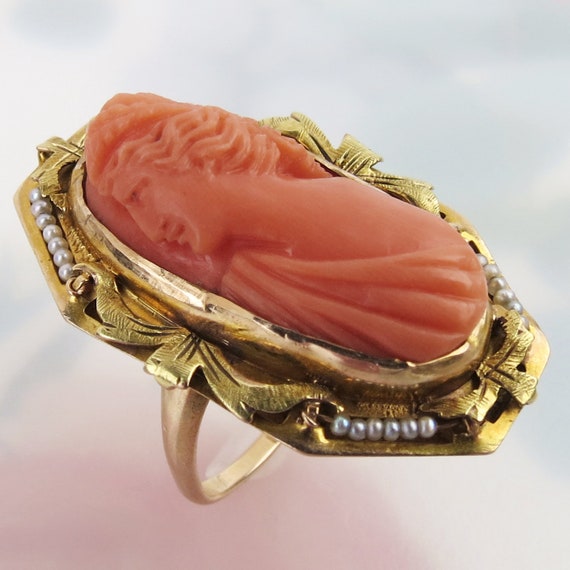 Ornate estate antique carved coral cameo ring wit… - image 2