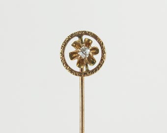 Antique original 10k yellow gold old mine cut diamond petite stick pin
