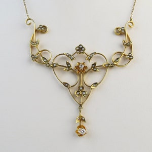 Very fine 14k Gold ornate floral lavalier diamond and seed pearl antique necklace