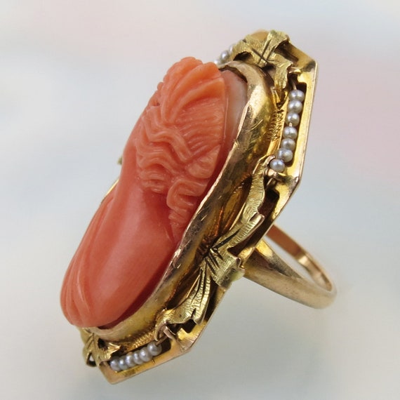 Ornate estate antique carved coral cameo ring wit… - image 8