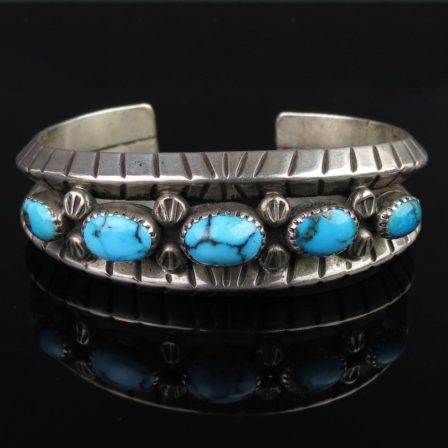 Vintage Native American Sterling Silver Turquoise Thick Row Cuff