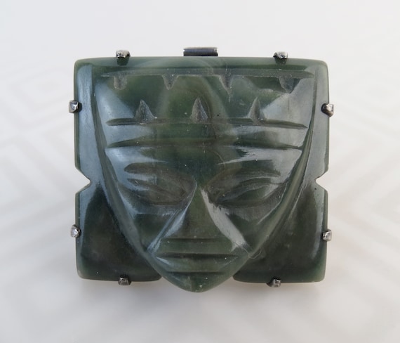 Vintage 1950s Mexican sterling carved green jaspe… - image 1