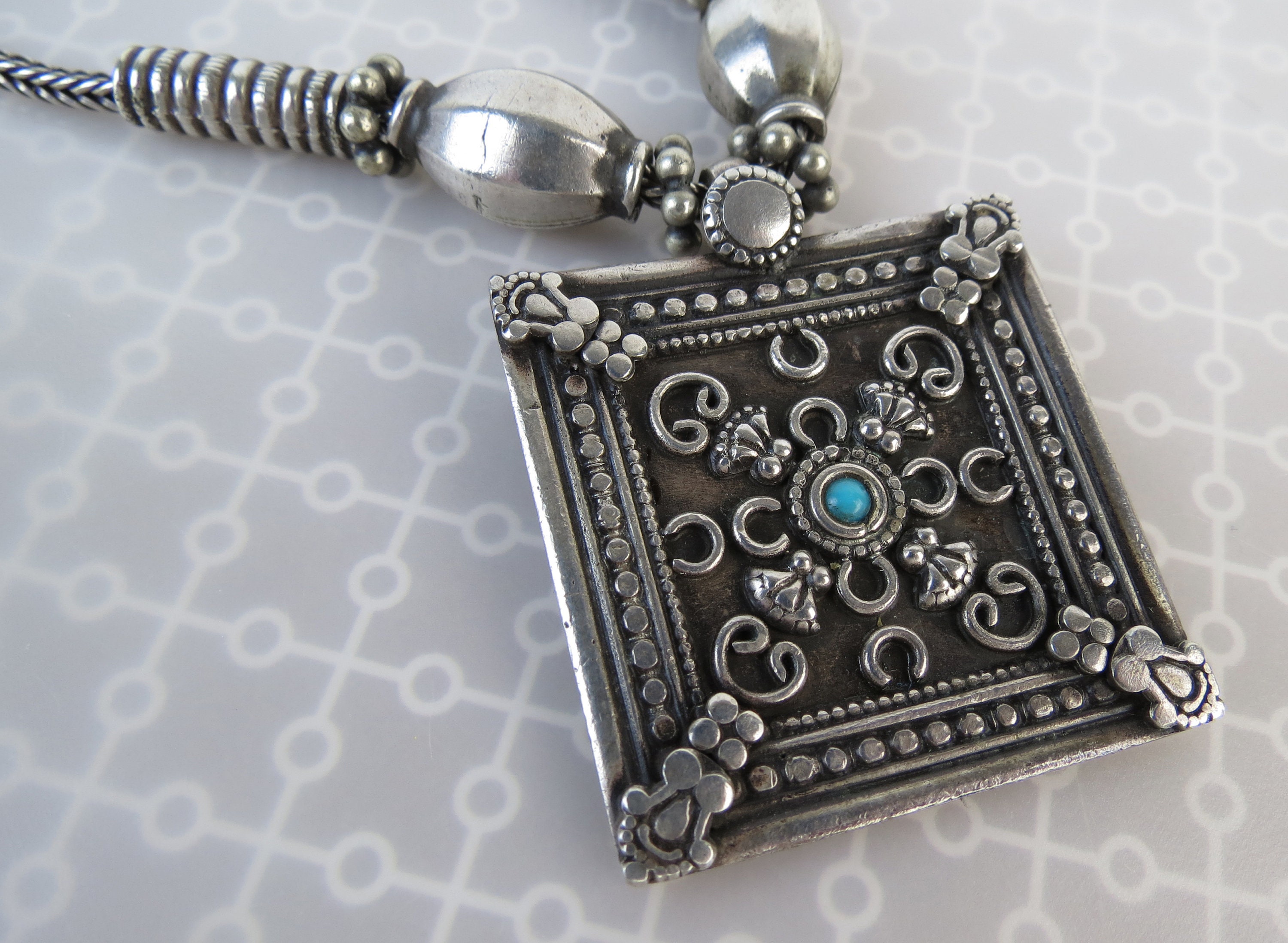 Vintage Square Tribal Mandala Sterling Silver Pendant With Blue Turquoise  Center on Ornate Wheat Chain With Beads Necklace - Etsy