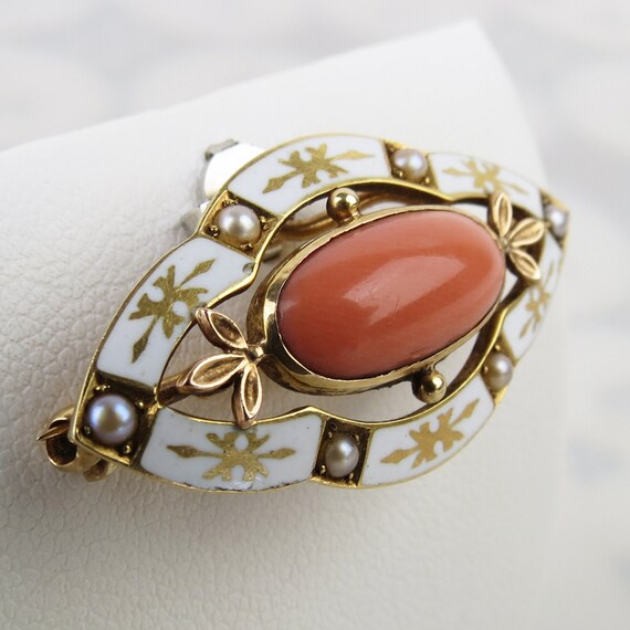 Vintage 14k yellow gold white enamel salmon coral… - image 2