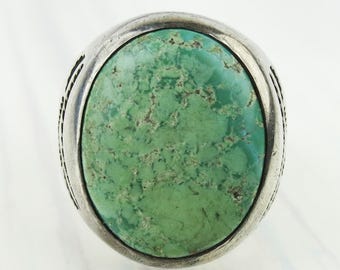 Fine natural green turquoise vintage sterling silver Navajo classic ring simple stamp work size 10.75